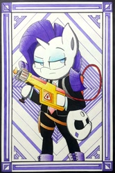 Size: 2200x3316 | Tagged: safe, artist:mustachedbain, rarity, pony, unicorn, bipedal, clothes, female, flamethrower, hoof hold, mare, payday 2, ski mask, solo, traditional art, weapon