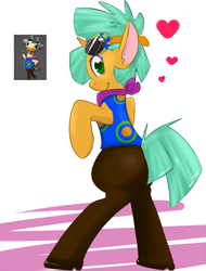 Size: 1213x1594 | Tagged: dead source, safe, artist:kryptchild, derpibooru import, snails, giraffe, pony, animal crossing, bipedal, clothes, crossdressing, crossover, glitter shell, gracie, heart, male, neckerchief, pantyhose, plot, shirt, stockings, sunglasses, trap