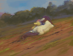 Size: 4000x3074 | Tagged: safe, artist:sharpieboss, fluttershy, rarity, pegasus, pony, semi-anthro, unicorn, eyes closed, female, field, flarity, lesbian, lying, on side, painterly, prone, shipping