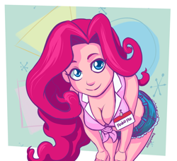 Size: 900x819 | Tagged: safe, artist:romanrazor, color edit, edit, pinkie pie, equestria girls, bent over, breasts, cleavage, clothes, colored, daisy dukes, eqg recolor, female, front knot midriff, looking at you, midriff, name tag, pinkie pies, recolor, shorts, smiling, solo