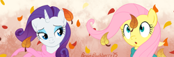 Size: 888x296 | Tagged: safe, artist:brianblackberry, fluttershy, rarity, pegasus, pony, unicorn, :o, autumn, banner, clothes, cute, implied flarity, leaves, scarf, windswept mane