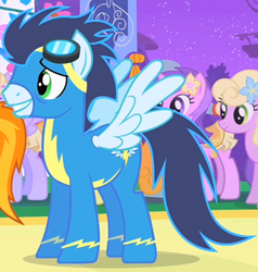 Size: 331x348 | Tagged: safe, derpibooru import, screencap, amethyst star, soarin', sparkler, spitfire, spring forward, pony, the best night ever, romana, wonderbolts uniform