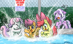 Size: 1300x786 | Tagged: safe, artist:johnjoseco, apple bloom, diamond tiara, scootaloo, sweetie belle, cutie mark crusaders, swimming, swimming pool, wet mane