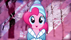 Size: 1920x1080 | Tagged: safe, artist:missgoldendragon, artist:thegraid, pinkie pie, earth pony, pony, clothes, coat, hat, looking at you, snow, tree, vector, wallpaper, winter