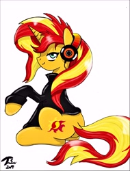 Size: 6535x8600 | Tagged: safe, artist:brekrofmadness, sunset shimmer, pony, unicorn, absurd resolution, butt, clothes, female, headphones, jacket, mare, plot, simple background, solo, white background