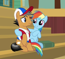 Size: 704x633 | Tagged: safe, derpibooru import, screencap, quibble pants, rainbow dash, earth pony, pegasus, pony, common ground, baseball cap, book, cap, clothes, cropped, duo, female, hat, male, mare, shirt, sitting, stairs, stallion