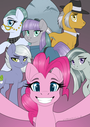 Size: 1280x1810 | Tagged: safe, artist:rainbowdrool, cloudy quartz, igneous rock pie, limestone pie, marble pie, maud pie, pinkie pie, earth pony, pony, eyebrows visible through hair, grin, group, holder's boulder, pie family, pie sisters, quartzrock, siblings, sisters