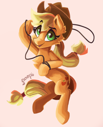 Size: 2201x2724 | Tagged: safe, artist:saxopi, applejack, earth pony, pony, applejack's hat, clothes, cowboy hat, female, hat, looking at you, mare, open mouth, rope, simple background, solo, white background