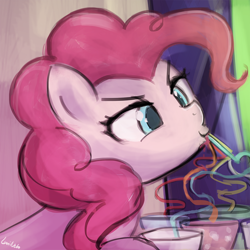 Size: 750x750 | Tagged: safe, artist:lumineko, pinkie pie, earth pony, pony, crazy straw, determined, female, mare, solo, straw