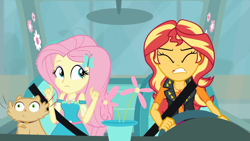 Size: 1920x1080 | Tagged: safe, screencap, fluttershy, sunset shimmer, cat, driving miss shimmer, driving miss shimmer: fluttershy, equestria girls, equestria girls series, angry, car, eyes closed, female, flower, flower pot, fluttershy's car, frustrated, geode of empathy, geode of fauna, gritted teeth, magical geodes, miss kitty, seatbelt, steering wheel