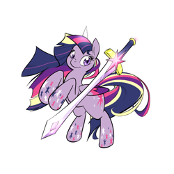 Size: 1000x1000 | Tagged: safe, artist:graphic-lee, derpibooru import, twilight sparkle, twilight sparkle (alicorn), alicorn, pony, female, magic, mare, rainbow power, simple background, solo, sword, telekinesis, weapon, white background