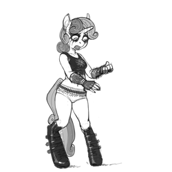 Size: 900x900 | Tagged: safe, artist:kevinsano, derpibooru import, sweetie belle, anthro, unguligrade anthro, belly button, bullet belt, grayscale, hoof boots, metal, metal belle, midriff, monochrome, older, solo