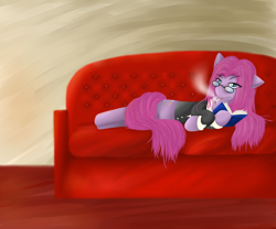 Size: 1200x1000 | Tagged: safe, artist:hewhoerasesmost, pinkie pie, earth pony, pony, book, cigarette, clothes, glasses, looking at you, lying, pinkamena diane pie, smoking, sofa, solo