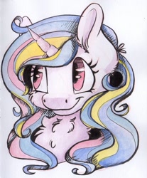 Size: 1707x2059 | Tagged: safe, artist:cutepencilcase, princess celestia, alicorn, pony, chest fluff, cute, cutelestia, female, mare, simple background, smiling, solo, traditional art, watercolor painting, white background