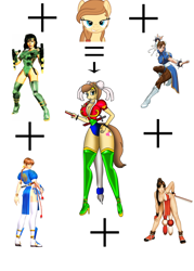 Size: 1500x2100 | Tagged: safe, artist:odiz, derpibooru import, oc, oc only, oc:cream heart, anthro, chun li, clothes, fusion, fusion diagram, kasumi, mai shiranui, meme, orchid, pantyhose