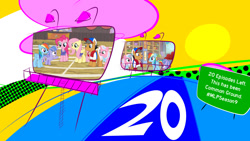 Size: 1152x648 | Tagged: safe, derpibooru import, screencap, clear sky, fluttershy, pinkie pie, quibble pants, rainbow dash, wind sprint, earth pony, pegasus, pony, unicorn, common ground, billboard, glowing horn, horn, illustrator, mlp s9 countdown, photoshop, road, street sign