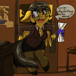 Size: 1000x1000 | Tagged: safe, artist:arnachy, derpibooru import, a.k. yearling, daring do, anthro, unguligrade anthro, daring don't, adorkable, breasts, cleavage, clothes, cute, dialogue, door, dork, female, glasses, indiana jones, meganekko, miniskirt, pantyhose, reference, shoes, skirt, speech bubble, tube skirt