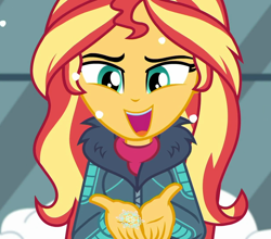 Size: 1226x1080 | Tagged: safe, screencap, sunset shimmer, equestria girls, equestria girls series, holidays unwrapped, spoiler:eqg series (season 2), blizzard or bust, clothes, cropped, cute, fake snow, female, happy, jacket, open mouth, outdoors, shimmerbetes, smiling, snow, snowflake, solo, winter jacket, winter outfit