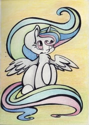 Size: 1991x2792 | Tagged: safe, artist:cutepencilcase, princess celestia, alicorn, pony, simple background, solo, spread wings, traditional art