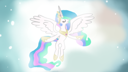 Size: 1920x1080 | Tagged: safe, artist:doctor-derpy, princess celestia, alicorn, pony, crown, eyes closed, flying, jewelry, peytral, regalia, solo, spread wings