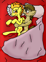 Size: 1353x1815 | Tagged: safe, artist:jrapcdaikari, derpibooru import, spitfire, oc, oc:chocolate chips, earth pony, pegasus, pony, bed, blanket, blushing, canon x oc, cuddling, female, firechips, hug, male, mare, pillow, shipping, snuggling, stallion, straight