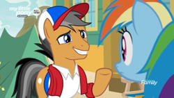 Size: 1366x768 | Tagged: safe, derpibooru import, screencap, quibble pants, rainbow dash, earth pony, pegasus, pony, common ground, cap, clothes, discovery family logo, fake smile, hat, shirt, towel