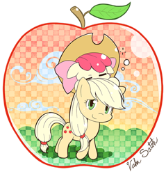 Size: 600x627 | Tagged: safe, artist:banzatou, apple bloom, applejack, earth pony, pony, apple, applejack's hat, apples to the core, clothes, cowboy hat, eyes closed, female, filly, food, hat, looking at you, mare, raised hoof, signature, simple background, sisters, smiling, transparent background