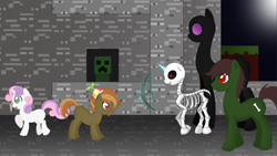 Size: 1920x1080 | Tagged: safe, artist:2kaze, derpibooru import, button mash, sweetie belle, zombie, creeper, enderman, minecraft, skeleton, wallpaper