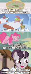 Size: 850x2000 | Tagged: safe, edit, edited screencap, screencap, applejack, pinkie pie, sugar belle, earth pony, pony, unicorn, worm, applebuck season, call of the cutie, the cutie map, baked bads, bowl, cherry punch, earthworm, eating, equalized mane, eyes closed, female, image macro, mare, meme, sick