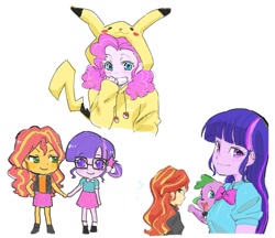 Size: 1200x1037 | Tagged: safe, artist:5mmumm5, pinkie pie, sci-twi, spike, sunset shimmer, twilight sparkle, dog, pikachu, equestria girls, anime, clothes, costume, crossover, cute, holding hands, kigurumi, open mouth, pokéball, pokémon, simple background, spike the dog, white background