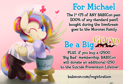 Size: 960x659 | Tagged: safe, artist:surgicalarts, derpibooru import, oc, oc only, oc:golden gates, 2014, babscon, babscon mascots, charity, clothes, convention, donation, michael morones, nurse, pantyhose, poster, solo, suicide prevention lifeline, wink