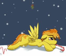 Size: 500x429 | Tagged: safe, artist:fishy-pony, derpibooru import, spitfire, animated, candy cane, mistleholly, mistletoe, mouth hold, snow, snowfall, snowflake, solo, winter