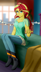 Size: 2160x3840 | Tagged: safe, artist:cluvry, sunset shimmer, human, equestria girls, bed, bedroom, clothes, come here, female, gesture, high res, looking at you, pants, sitting, smiling, solo