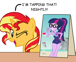 Size: 1100x900 | Tagged: safe, artist:mkogwheel edits, artist:nano23823, edit, screencap, sci-twi, starlight, sunset shimmer, twilight sparkle, pony, unicorn, better together, equestria girls, forgotten friendship, applejack's sign, caption, clothes, female, geode of telekinesis, image macro, implied sex, lesbian, magical geodes, mare, one eye closed, scitwishimmer, shipping, sign, simple background, sunsetsparkle, swimsuit, text, transparent background, vector, wink