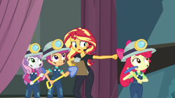 Size: 1920x1080 | Tagged: safe, screencap, apple bloom, scootaloo, sunset shimmer, sweetie belle, all the world's off stage, better together, equestria girls, apple bloom's bow, bow, clipboard, clothes, cutie mark crusaders, director, director shimmer, female, hair bow, headset, helmet, mining helmet, overalls, pickaxe, shovel