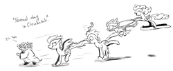 Size: 3348x1384 | Tagged: safe, artist:ruritn, derpibooru import, fire streak, soarin', spitfire, surprise, angry, monochrome, running, russian source, wat, wonderbolts, yoda