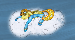 Size: 1920x1024 | Tagged: safe, artist:redenaz, derpibooru import, spitfire, cloud, solo, wonderbolts uniform