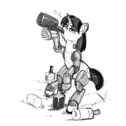 Size: 800x800 | Tagged: source needed, safe, artist:kevinsano, derpibooru import, oc, oc only, oc:blackjack, cyborg, pony, unicorn, fallout equestria, fallout equestria: project horizons, alcohol, amputee, grayscale, i never asked for this, monochrome, prosthetic limb, prosthetics, solo, whiskey