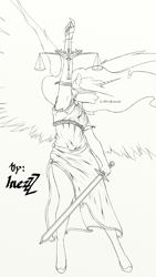 Size: 768x1366 | Tagged: safe, artist:kys-inez, princess celestia, anthro, armpits, blindfold, clothes, dress, justice, justitia, lady justice (goddess), monochrome, scales, simple background, solo, spread wings, sword, vulgar, weapon