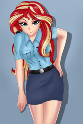 Size: 1417x2126 | Tagged: safe, artist:anonix123, sunset shimmer, human, equestria girls, adorasexy, beautiful, belt, clothes, cute, humanized, legs, looking at you, miniskirt, police, police officer, police uniform, sexy, skirt