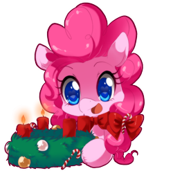 Size: 800x800 | Tagged: safe, artist:loyaldis, pinkie pie, earth pony, pony, advent wreath, candle, candy, candy cane, christmas, cute, diapinkes, food, simple background, solo, transparent background, wreath