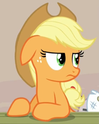 Size: 681x851 | Tagged: safe, screencap, applejack, sugar belle, earth pony, pony, the cutie map, applejack is not amused, reaction image, unamused