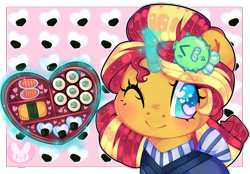 Size: 5400x3766 | Tagged: safe, artist:bunxl, sunset shimmer, pony, unicorn, eqg summertime shorts, good vibes, bust, colored pupils, cute, digital art, eye clipping through hair, female, food, heart, heart eyes, high res, mare, one eye closed, portrait, shimmerbetes, smiling, solo, starry eyes, sunset sushi, sushi, wingding eyes