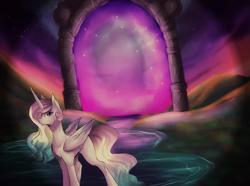 Size: 2361x1752 | Tagged: safe, artist:not-ordinary-pony, princess celestia, alicorn, pony, missing accessory, portal, solo, stars, twilight (astronomy), water, younger