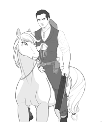 Size: 2500x3000 | Tagged: safe, artist:tex, applejack, oc, oc:tex, human, gun, holster, humans riding horses, realistic, revolver, riding, shotgun