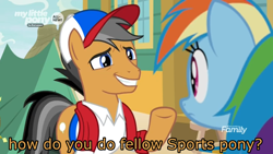 Size: 1366x768 | Tagged: safe, derpibooru import, edit, edited screencap, screencap, quibble pants, rainbow dash, earth pony, pegasus, pony, common ground, cap, caption, clothes, discovery family logo, fake smile, hat, how do you do fellow kids, image macro, shirt, text, towel