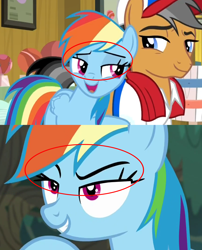 Size: 3500x4324 | Tagged: safe, derpibooru import, edit, edited screencap, screencap, quibble pants, rainbow dash, earth pony, pegasus, pony, better together, common ground, equestria girls, spring breakdown, explain, eyeshadow, makeup, red circle