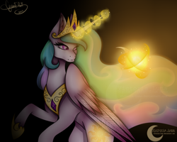 Size: 1000x800 | Tagged: safe, artist:minelvi, artist:victoria-luna, princess celestia, alicorn, pony, collaboration, crown, jewelry, magic, peytral, regalia, simple background, solo, sun