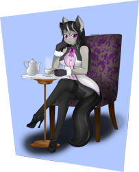 Size: 1831x2255 | Tagged: safe, artist:zzvinniezz, derpibooru import, octavia melody, anthro, breasts, chair, clothes, female, gloves, high heels, orbtavia, pantyhose, sexy, skirt, solo, stockings, stupid sexy octavia, table, tea, teacup, teapot, upskirt