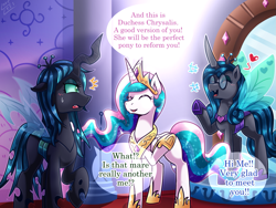 Size: 1333x1000 | Tagged: safe, artist:vavacung, idw, princess celestia, queen chrysalis, reversalis, alicorn, changeling, changeling queen, pony, spoiler:comic, blushing, chrysalis encounters herself, crown, dialogue, eyes closed, female, glasses, heart, jewelry, mare, mirror universe, peytral, raised hoof, regalia, smiling, spread wings, trio